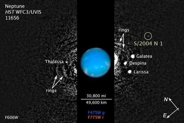 Compass and scale image for the newly discovered moon of Neptune, S/2004 N 1. Image released July 15, 2013.