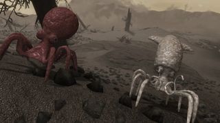 Two squid-like enemies wander the desert in Skyrim.