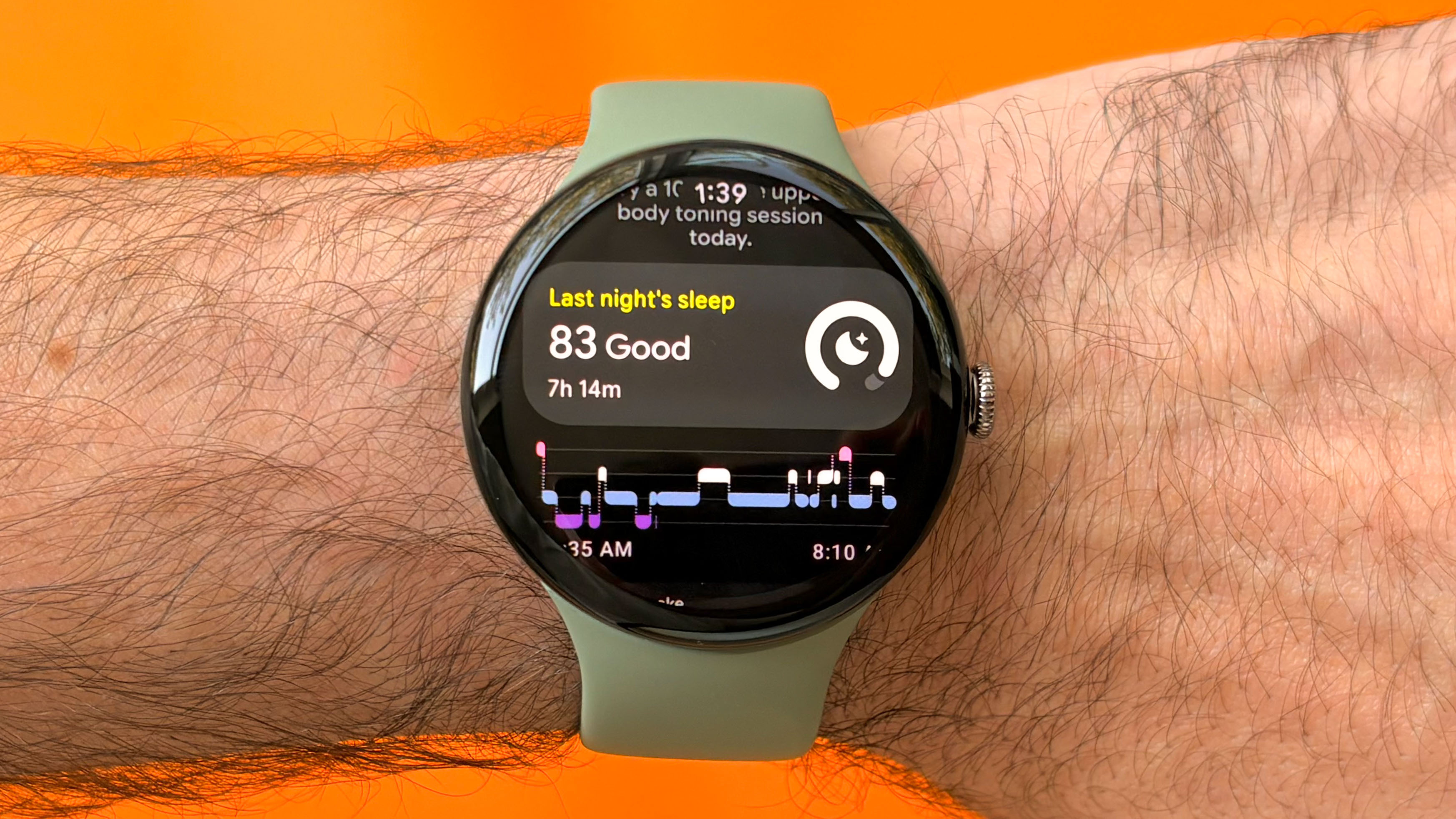 Close-up of the Pixel Watch 5 in 45mm on a user's wrist