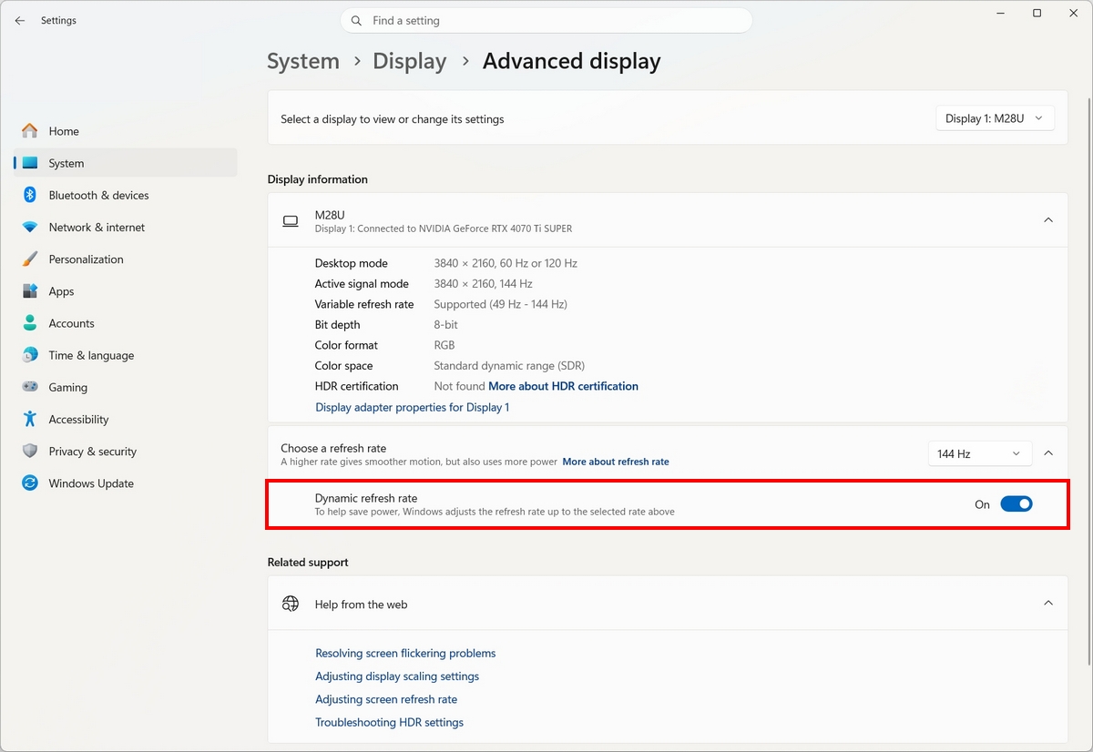 Settings app on Advanced display with Dynamic refresh rate highlighted.