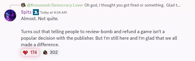Helldivers 2 community manager Spitz revealing that they were almost fired for encouraging disgruntled players to leave a poor review.
