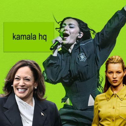 Brat green graphic featuring Kamala Harris, Charli XCX, Kate Moss in Prada runway, and a model from Alexander McQueen Fall 2024