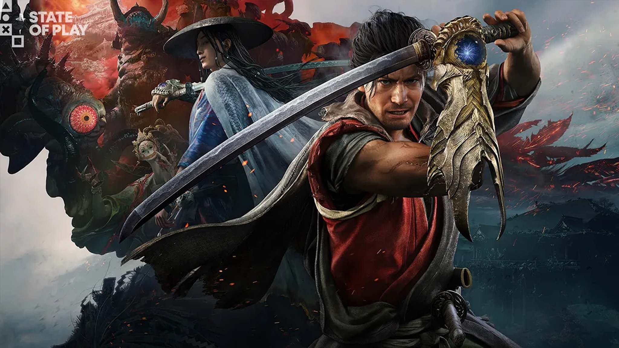A fierce warrior wields a glowing sword, facing forward with determination. Behind him, another figure in a wide-brimmed hat stands, adding mystery. The background shows a dramatic sky and ethereal creatures, conveying an intense, adventurous tone.