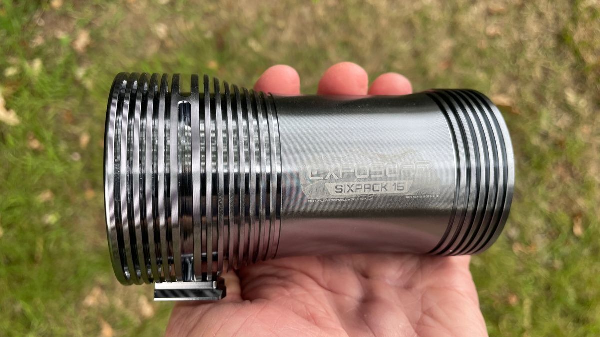 An Exposure Six Pack 15 MTB light seen side on