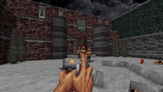 A retro boomer shooter with a person holding up a spray can in front of a lighter