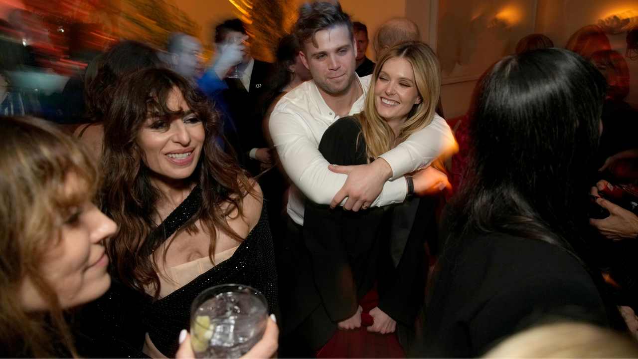 Sabrina Impacciatore (2nd L), Leo Woodall (C) and Meghann Fahy (R) attend the HBO &amp; Max Post Emmys Reception at San Vicente Bungalows on January 15, 2024 in West Hollywood, California.