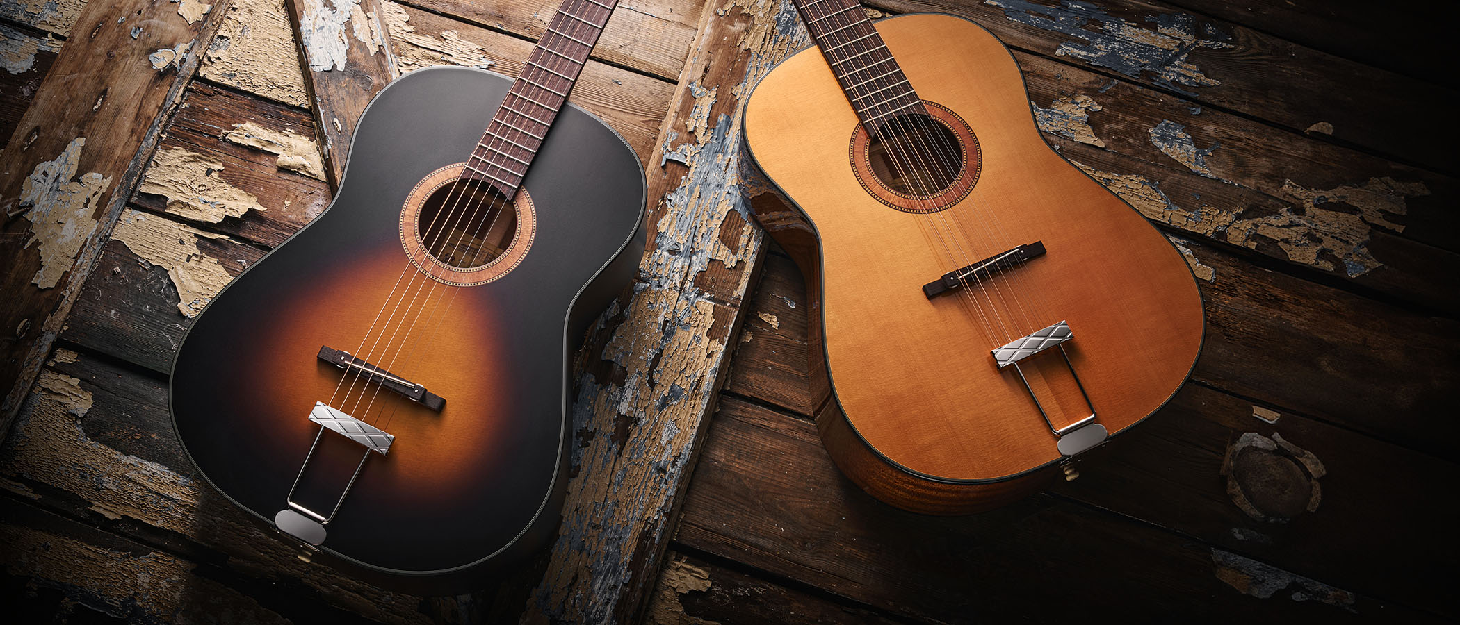 Framus Hootenanny 6-string and 12-string: inspired the originals used by John Lennon in the 1960s, these reissued acoustics are photographed together against distressed wooden flooring.