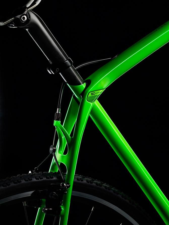 A detail of the seat post suspension decoupler on the Trek Boone cross bike