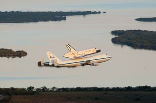 Discovery and the Shuttle Carrier Aircraft departed Kennedy Space Center's Shuttle Landing Facility on April 17, 2012. It was the same runway where the shuttle last landed from space on March 9, 2011.