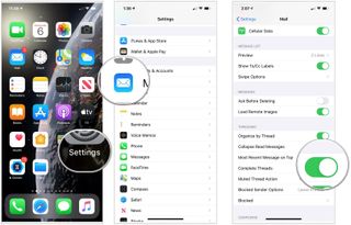 Tap Settings app, tap Mail, and toggle Complete Threads