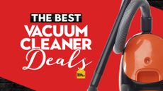 A graphic with red vacuum cleaner on red background with bold white text