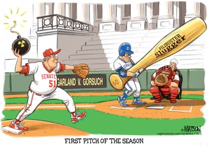 Political Cartoon U.S. McConnell Schumer Gorsuch SCOTUS Baseball Filibuster