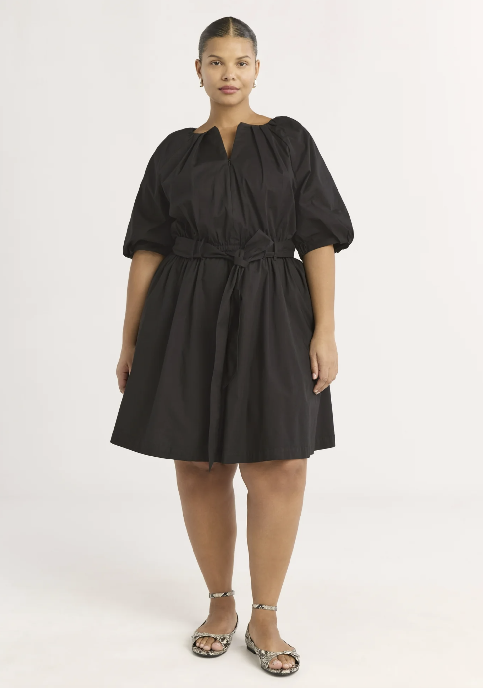 Scoop, Scoop Women's and Women's Plus Belted Cotton Poplin Mini Dress With Puff Sleeves, Sizes Xs-4x