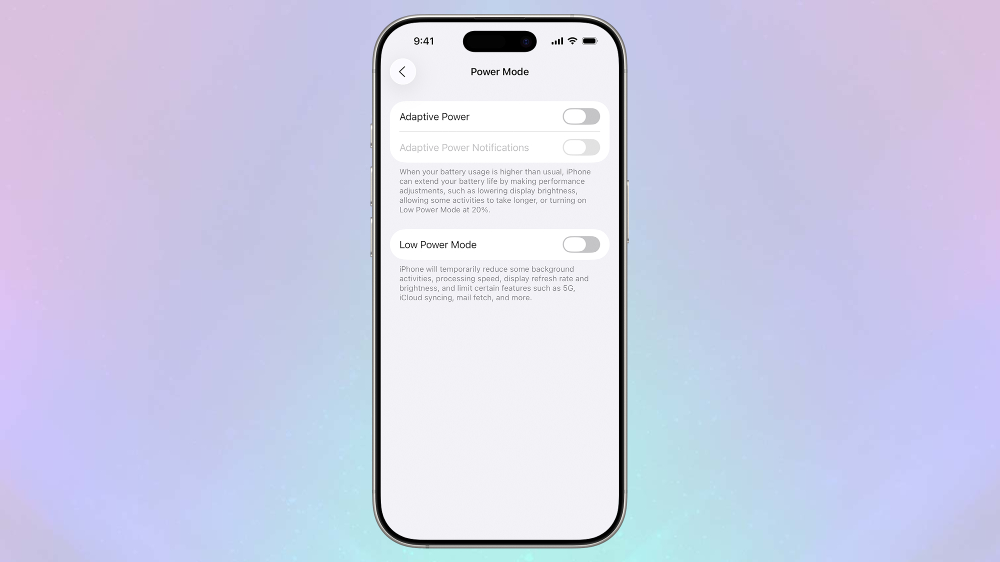iOS 26 Adaptive Power setting on iOS 26