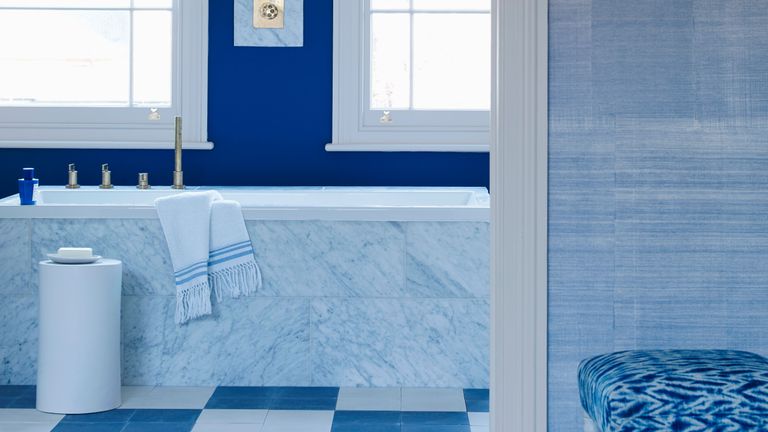 蓝色浴室的一个例子展示了蓝色套间与蓝白相间的格子地板