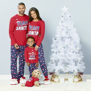 family with christmas tree and dog