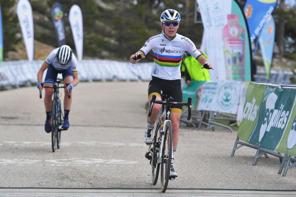 LAGUNAS DE NEILA SPAIN MAY 23 Anna Van Der Breggen of Netherlands and Team SD Worx celebrates at arrival during the 6th Vuelta A Burgos Feminas 2021 Stage 4 a 1216km stage from Quintanar de la Sierra to Lagunas De Neila 1870m VueltaBurgos BurgosFem UCIWWT on May 23 2021 in Lagunas De Neila Spain Photo by Luc ClaessenGetty Images