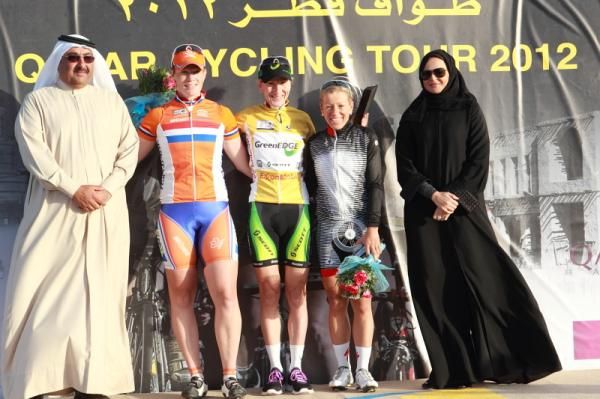 The final overall podium - Kirsten Wild (Netherlands), Judith Arndt (GreenEdge-AIS) and Trixi Worrack (Specialized - lululemon) with members of the Al-Tahini royal family