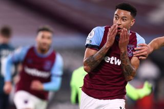 Jesse Lingard celebrates after scoring for West Ham against Leeds, 2021