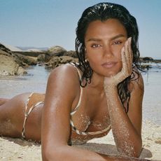 Simone Ashley wearing a Hunza G x Burberry swimsuit