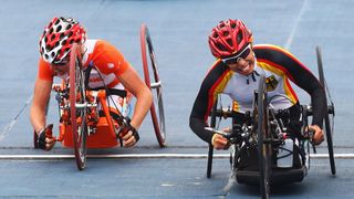 Wheelchair racing technology has improved dramatically. Here Andrea Eskau of Germany competes in the women's Road Race on Day 7 of the 2008 Paralympic Games