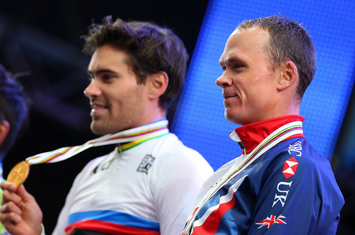 Tom Dumoulin and Christopher Froome share the podium of the Worlds TT