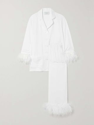 Feather-Trimmed Twill Pajama Set