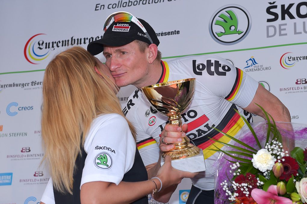 Andre Greipel on the stage 3 podium in Luxembourg.