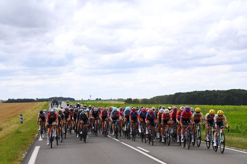 PROVINS FRANCE JULY 25 A general view of Chantal Van Den Broek Blaak of Netherlands and Team SD Worx Tiffany Cromwell of Australia and Team CanyonSRAM Racing and the peloton compete during the 1st Tour de France Femmes 2022 Stage 2 a 1364km stage from Meaux to Provins TDFF UCIWWT on July 25 2022 in Provins France Photo by Tim de WaeleGetty Images