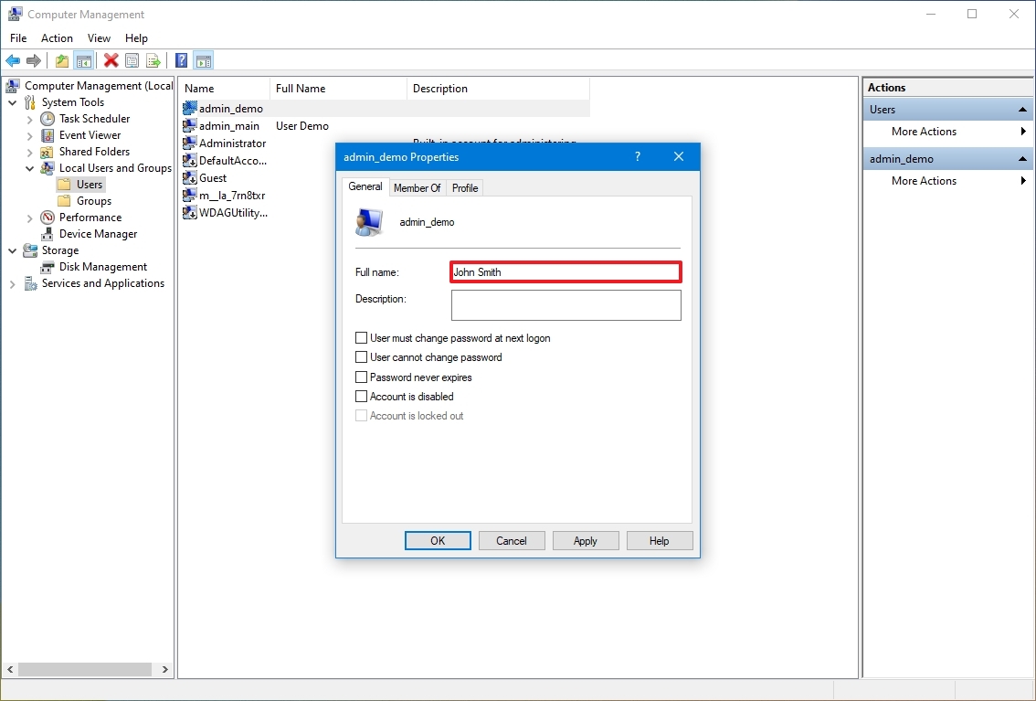 Administración de equipos cambia el nombre de la cuenta de Windows 10