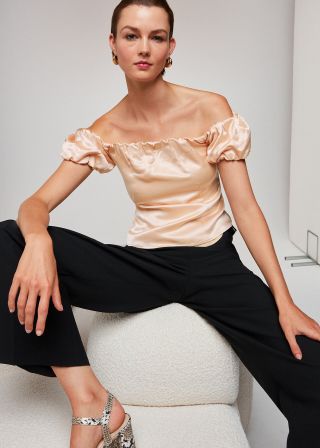 Champagne Julia Bardot Frill Sleeve Top