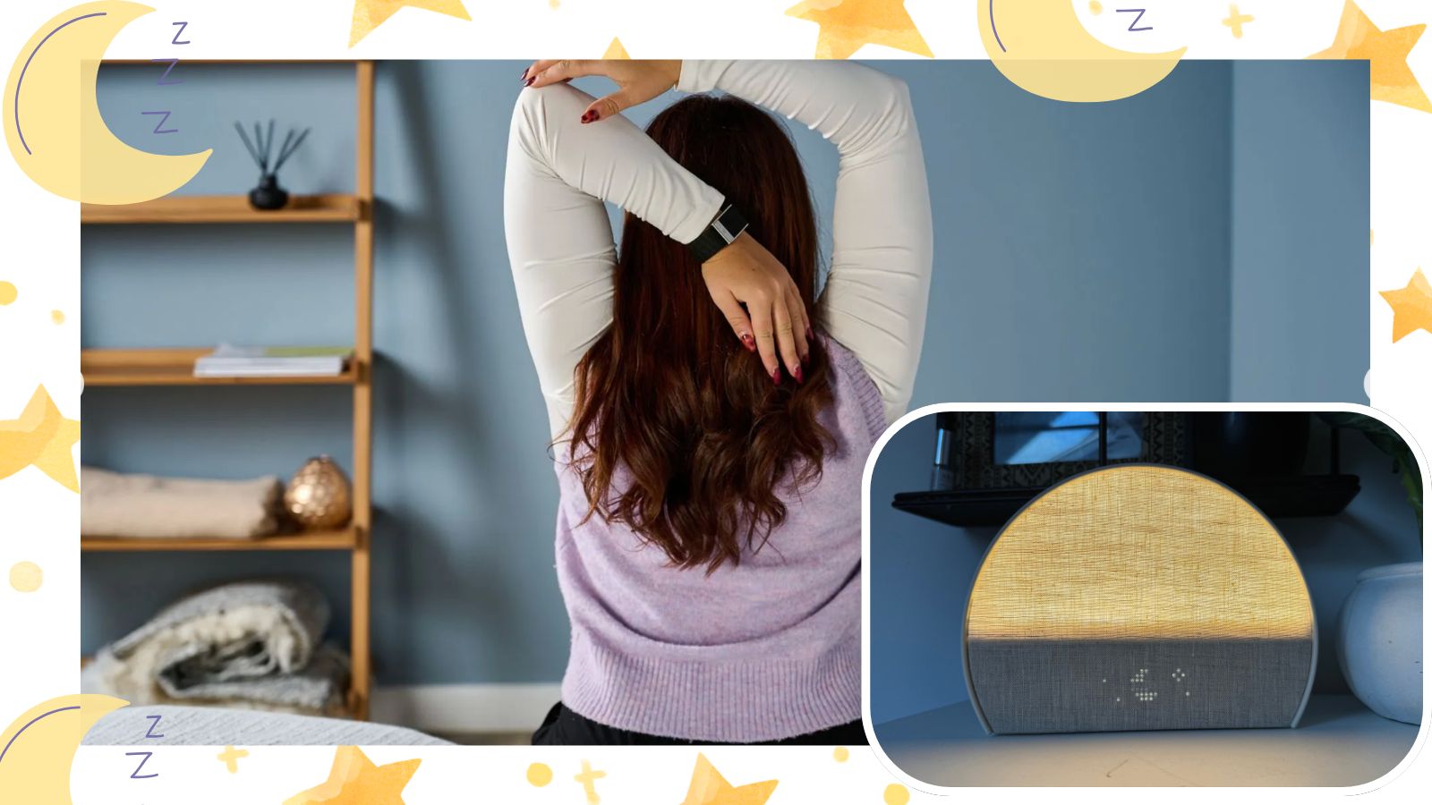 Our sleep tech reviewer seen from behind stretches her arms overhead in a cozy bedroom, wearing a long-sleeved white shirt and a purple sweater vest. In the bottom right corner, an inset image highlights a semi-circular sunrise alarm clock glowing with a soft, warm light. The entire image is framed by a decorative border featuring yellow stars, crescent moons, and "ZZZ" symbols.
