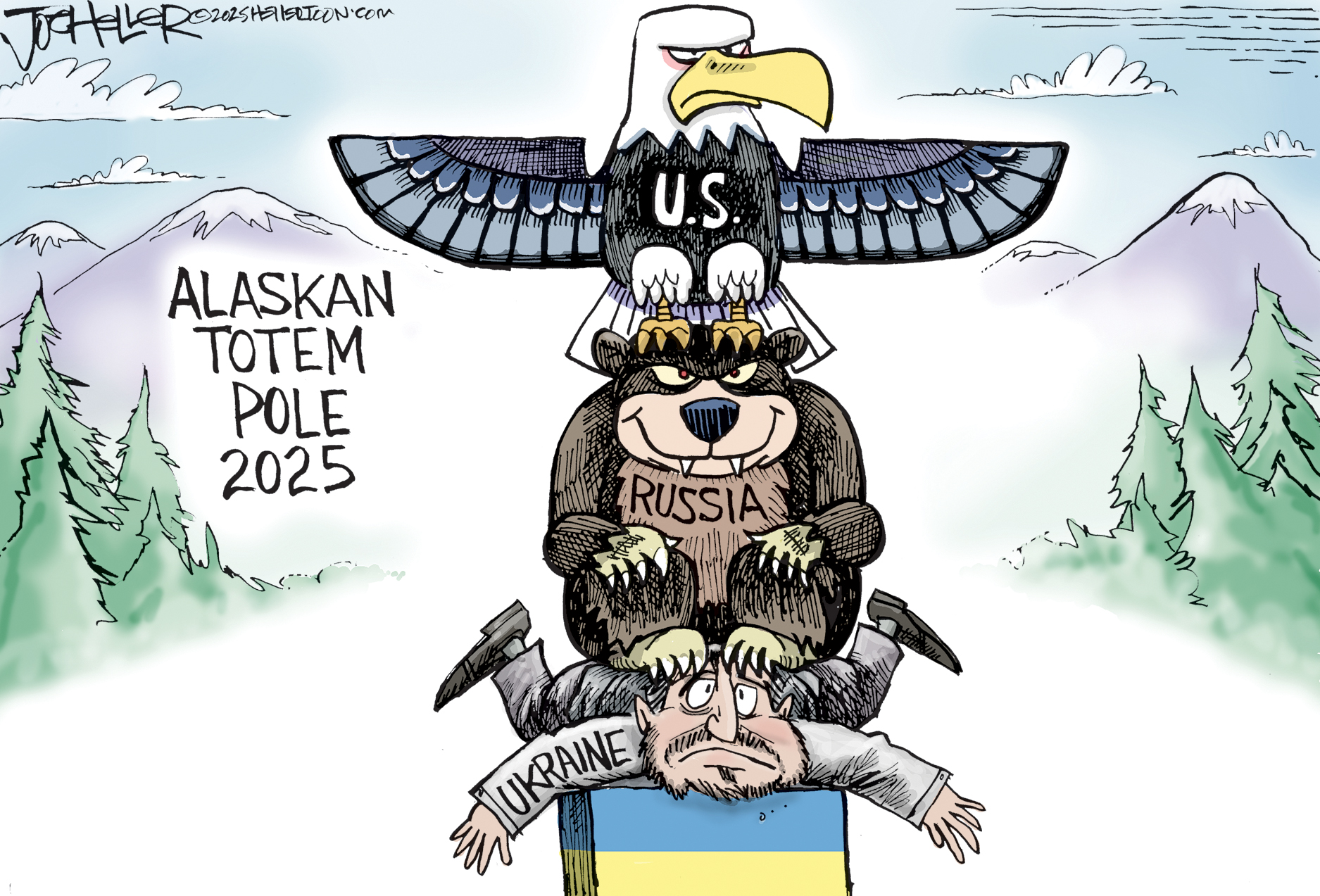 This cartoon is named “Alaskan Totem Pole 2025”. It’s drawn to resemble a Native American totem pole. At the bottom part, Volodymyr Zelenskyy is on his belly, crushed by a Russian Bear and an American Eagle above him.