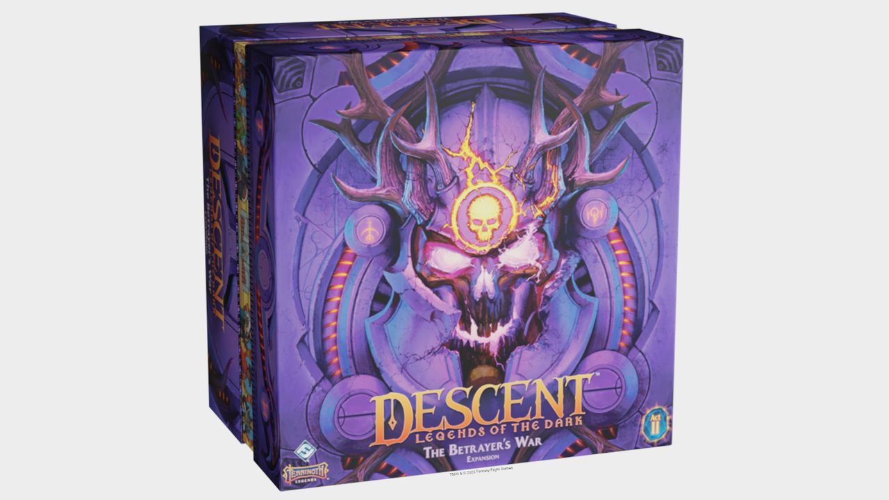 The components, miniatures, cards, and artwork from Descent Act II: The Betrayer's War on a plain background