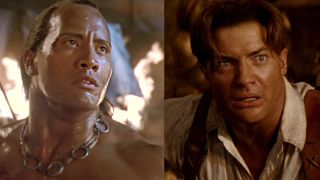 The Rock in his first starring role as The Scorpion King, Brendan Fraser looking scared in The Mummy Returns. 