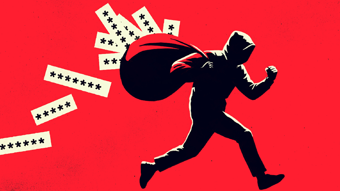 A hooded figure is depicted running with a large sack, from which slips of paper featuring asterisks (symbolizing passwords or confidential information) are falling out. The background is solid red, creating a striking contrast and emphasizing the theme of cyber theft or data breach.