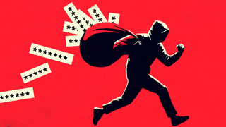 A hooded figure is depicted running with a large sack, from which slips of paper featuring asterisks (symbolizing passwords or confidential information) are falling out. The background is solid red, creating a striking contrast and emphasizing the theme of cyber theft or data breach.