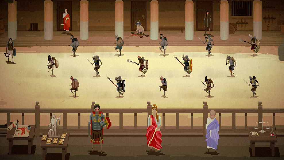 Screenshot from the videogame Domina, toga clad individuals overlooking arena battle.