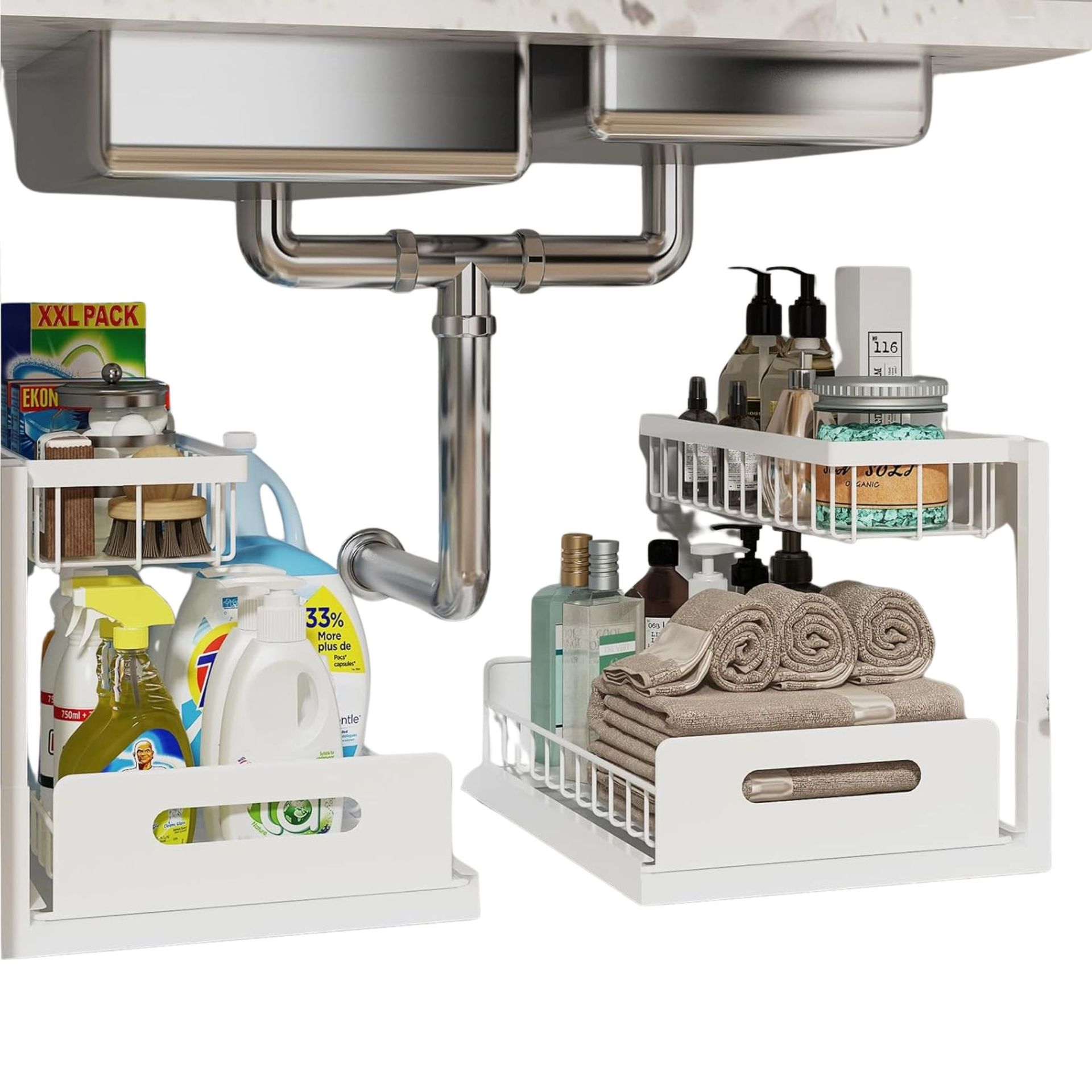 Two white under the sink organizers underneath a white marble sink with silver piping