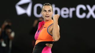 Aryna Sabalenka celebrates a match point against Ukraine's Elina Svitolina during their women's singles semi-final match at the Australian Open. 