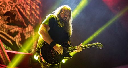 Mark Morton of Lamb Of God takes a solo onstage with his prototype signature Les Paul