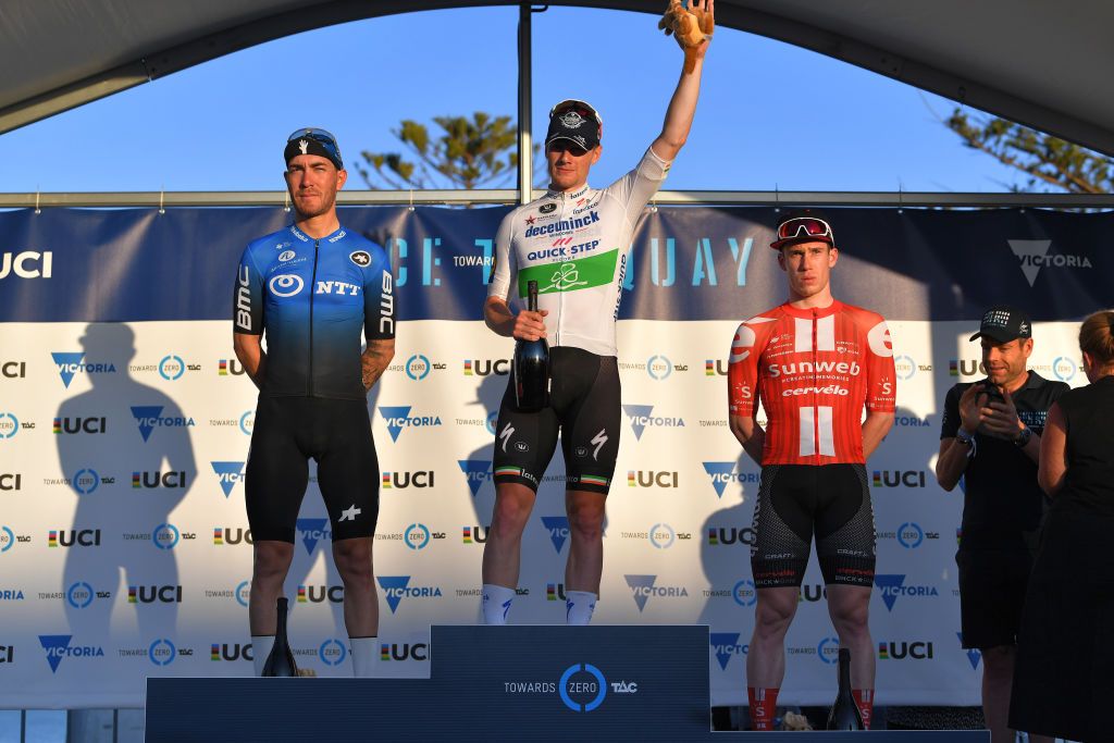 The 2020 men's Race Torquay podium L-r) Nizzolo, Bennet and Dainese