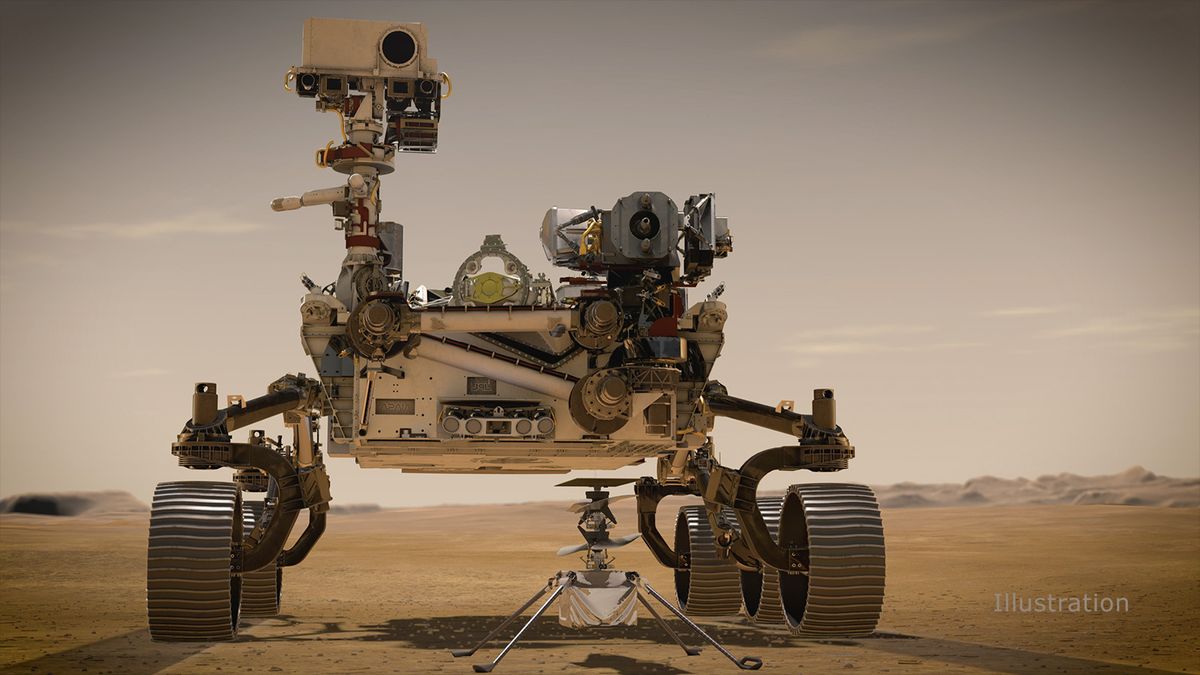 In February 2021, NASA&#039;s Mars 2020 Perseverance rover and NASA&#039;s Ingenuity Mars Helicopter (shown in an artist&#039;s concept) will be the two newest explorers on Mars.