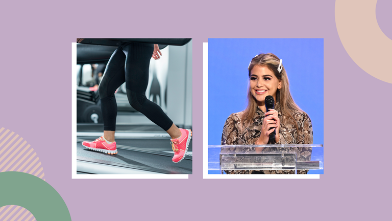 woman walking on treadmill and lauren giraldo on template