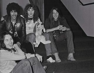 Thin Lizzy, group portrait at Dragonara Hotel, Bristol, United Kingdom, October 22 1976.