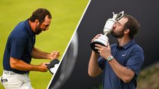 (left) Scottie Scheffler roars in celebration after holing the winning putt at The Open and Scheffler kisses the Claret Jug (right)