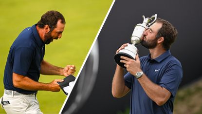 (left) Scottie Scheffler roars in celebration after holing the winning putt at The Open and Scheffler kisses the Claret Jug (right)