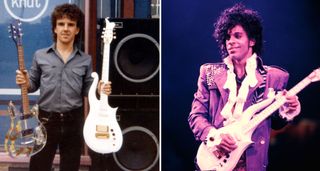 Dave Rusan holds two of his custom-built Cloud Guitars, while on the right-hand side of the image Prince plays one onstage during his 1984 Purple Rain tour.