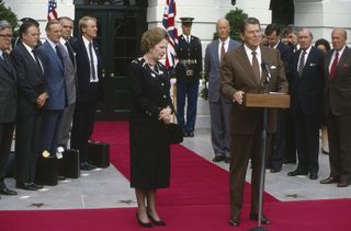 Washington DC. USA, 29th September, 1983 British Prime Minister Margaret Thatcher and President Ronald Reagan speak at The South Portico of the White House after their meetings in the Oval Office.