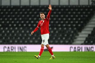 Mickey Demetriou of Crewe Alexandra celebrates after scoring the team's third goal during the Emirates FA Cup First Round Replay match between Derby County and Crewe Alexandra at Pride Park on November 14, 2023 in Derby, England. (Photo by Shaun Botterill/Getty Images)